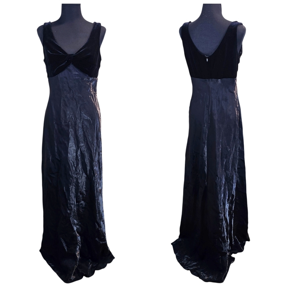 Vintage Y2K Black Velvet Satin Maxi Gown Evening Formal Dress Size 14